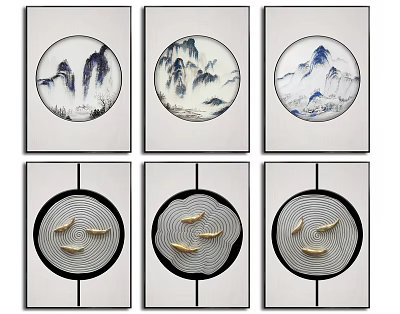 Chinese Style Decorative Paintings With Circular Mountain Water Landscapes And Golden Fish Waves 3d model
