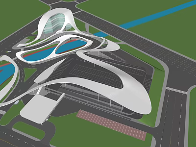 Aerial View Of Modern Flowing Architecture With White Roofs Blue Water And Green Spaces 3d model