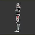 Futuristic Humanoid Robot In Mechanical Armor With Red White Details And Outstretched Arms