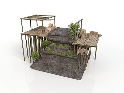 Multi Level Outdoor Wooden Platform With Steps Green Plants And Crates 3d model