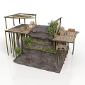 Multi Level Outdoor Wooden Platform With Steps Green Plants And Crates