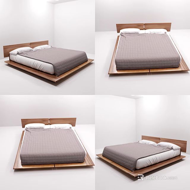 Minimalist Double Bed With Wooden Frame Gray Mattress And White Pillows 3d model 