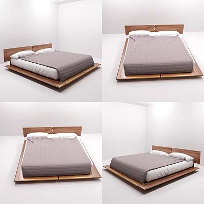 Minimalist Double Bed With Wooden Frame Gray Mattress And White Pillows 3d model