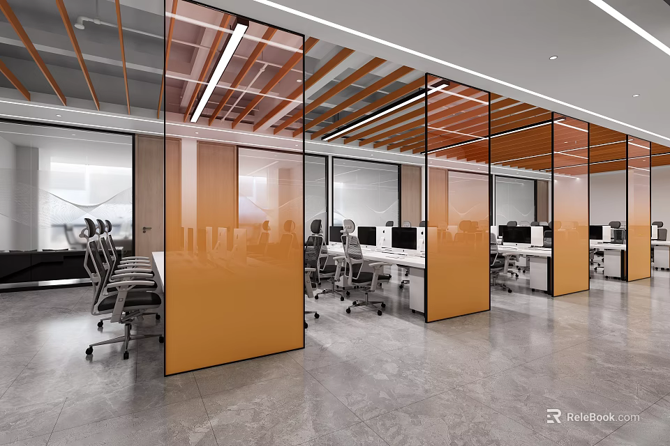 Modern Public Office Space With Glass Partitions Work Desks Computers And Office Chairs 3d model 