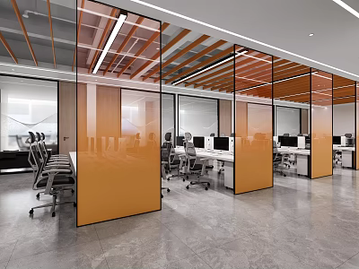 Modern Public Office Space With Glass Partitions Work Desks Computers And Office Chairs 3d model