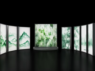 Curved Light Boxes With Green Mountain And Bamboo Forest Patterns On Black Background 3d model