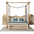 Natural Style Four Poster Double Bed With Wooden Headboard Blue Bedding And White Canopy Curtains