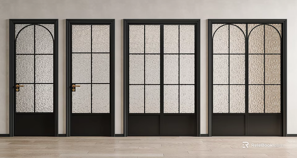 Modern Casement Door Design With Frosted Glass Panels And Black Frames 3d model 