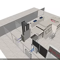 White Exhibition Booth With Open Design Multiple Display Counters Blue Accents And Fencing