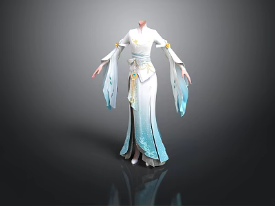 Elegant Traditional White Dress With Blue Accents And Flowy Long Sleeves 3d model