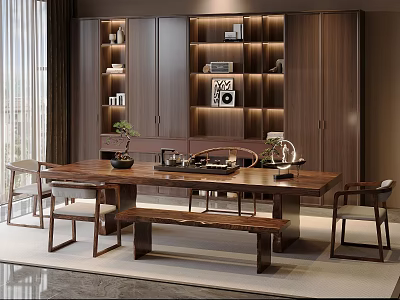 Modern Tea Table and Chairs with Bench Wooden Cabinets Shelves and Tea Set 3d model