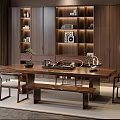 Modern Tea Table and Chairs with Bench Wooden Cabinets Shelves and Tea Set