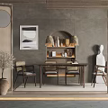 Stylish Dining Table Set In Modern Minimalist Dining Room With Arched Shelf And Decorative Painting