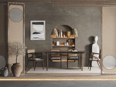Stylish Dining Table Set In Modern Minimalist Dining Room With Arched Shelf And Decorative Painting 3d model