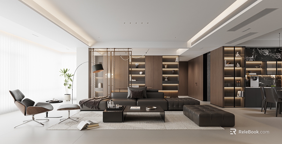 Modern Living and Dining Room Interior With Dark Leather Sofa Coffee Table And Wooden Bookshelves 3d model 