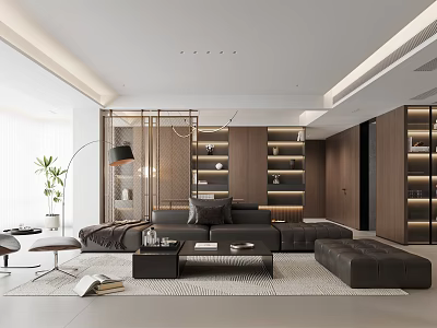 Modern Living and Dining Room Interior With Dark Leather Sofa Coffee Table And Wooden Bookshelves 3d model
