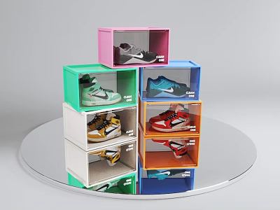 Colorful Transparent Lid Shoe Boxes Stacked With Sneakers On Round Silver Platform 3d model