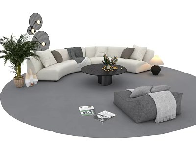 Modern White L Shaped Sofa Coffee Table Set With Gray Pillows Ottoman And Green Plant 3d model