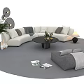 Modern White L Shaped Sofa Coffee Table Set With Gray Pillows Ottoman And Green Plant