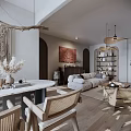 Warm Modern Dining and Living Room with Ceiling Fans Sofa Coffee Table and Decorative Painting