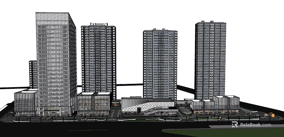 Modern Commercial Complex Featuring High Rise Buildings and Connected Retail Spaces 3d model 