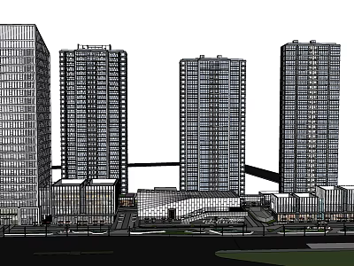 Modern Commercial Complex Featuring High Rise Buildings and Connected Retail Spaces 3d model