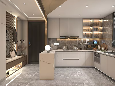 Elegant Modern Kitchen Interior Design With Marble Island Cabinets And Appliances 3d model