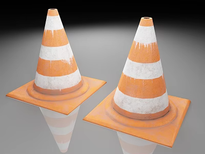 Two Orange And White Striped Traffic Cones With Square Base And Worn Surface 3d model