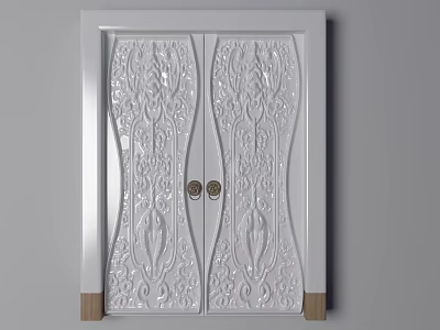 White Double Swing Door With Intricate Carved Patterns Gold Handles And Wooden Trim 3d model