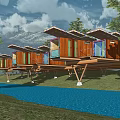 Modern Wooden Detached Villa Elevated on Pillars with Mountain View Green Lawn and Trees