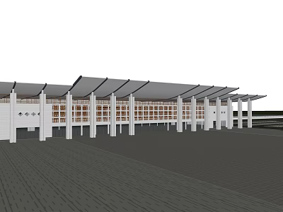 Modern Public Building With White Columns Sloped Roof And Large Glass Windows 3d model