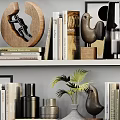 Stylish Decorative Ornament Combinations On Shelves With Books Plants Sculptures Clock And Paintings