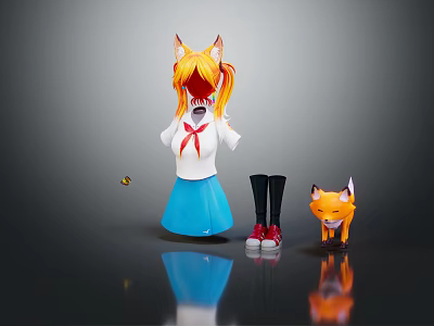 Anime Style Outfit With White Blouse Red Scarf Blue Skirt Black Stockings And Red Shoes 3d model