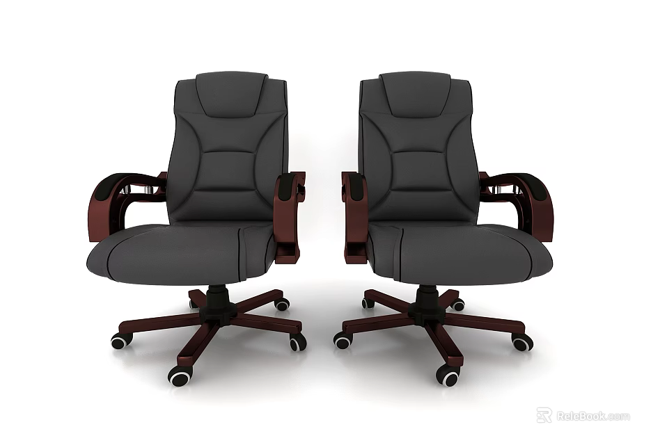 Two Modern Office Chairs with Leather Upholstery Armrests and Swivel Wheels 3d model 