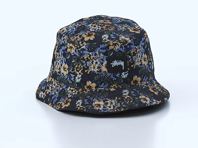 Stylish Dark Colored Bucket Hat Featuring Floral Pattern And Stussy Logo 3d model