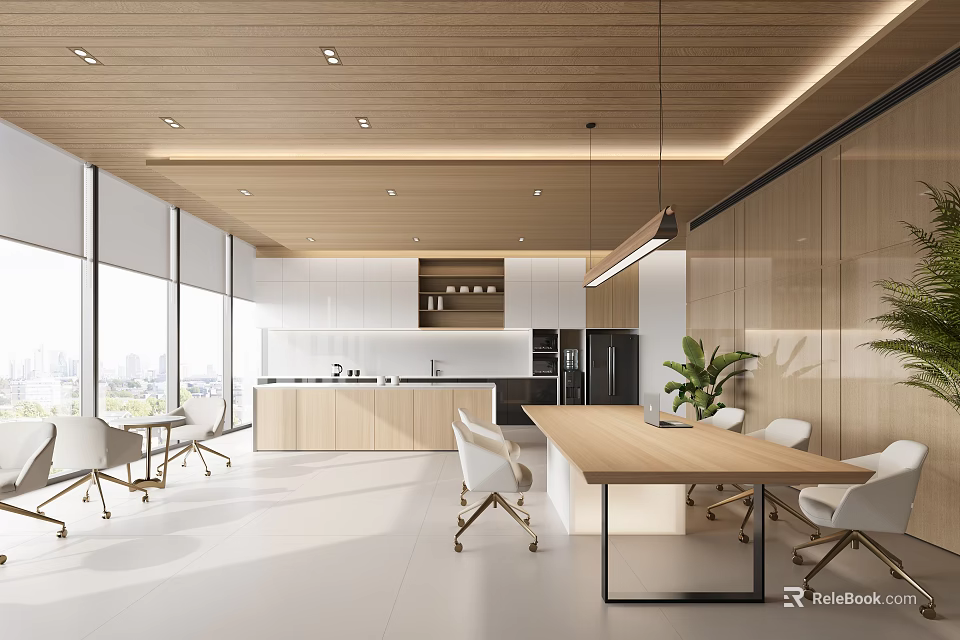 Modern Break Room Interior With Wooden Ceiling Large Windows And Long Wooden Table 3d model 