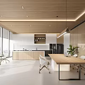 Modern Break Room Interior With Wooden Ceiling Large Windows And Long Wooden Table
