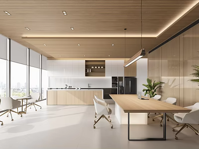 Modern Break Room Interior With Wooden Ceiling Large Windows And Long Wooden Table 3d model