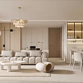 Modern Living Dining Room Interior With Beige Sofa Dining Table Pendant Lights And Glass Cabinets