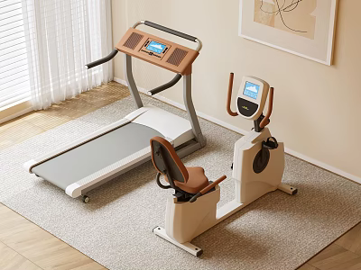 Fitness Equipment Treadmill and Exercise Bike with Digital Screens White Brown in Modern Living Room 3d model