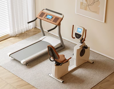 Fitness Equipment Treadmill and Exercise Bike with Digital Screens White Brown in Modern Living Room 3d model
