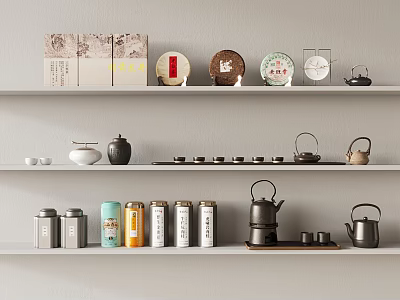 Elegant Tea Sets Display on Wall Shelves with Teapots Tea Cakes and Colored Canisters 3d model