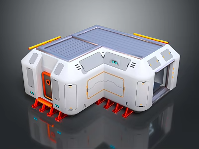 Cartoon Style Futuristic Modular Building With Solar Panels White Body And Orange Accents 3d model