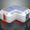 Cartoon Style Futuristic Modular Building With Solar Panels White Body And Orange Accents