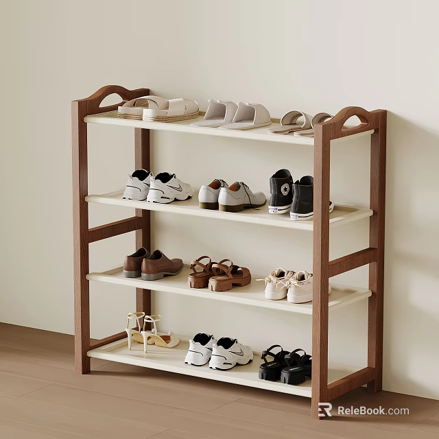 Multi Tier Wooden Shoe Rack With Various Shoes For Home Entryway Organized Storage 3d model 