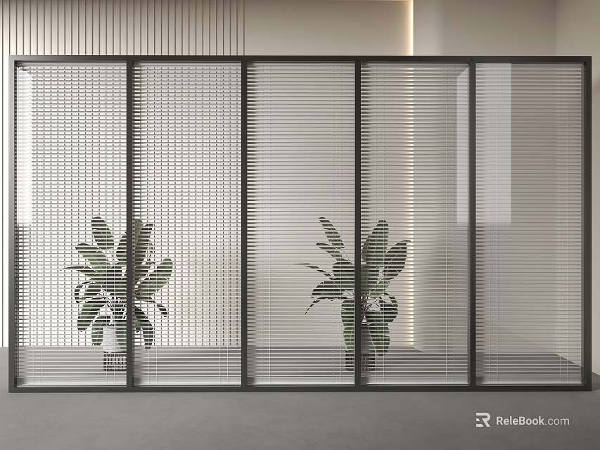 Modern Slatted Room Divider With Grid Design And Indoor Green Plants 3d model 