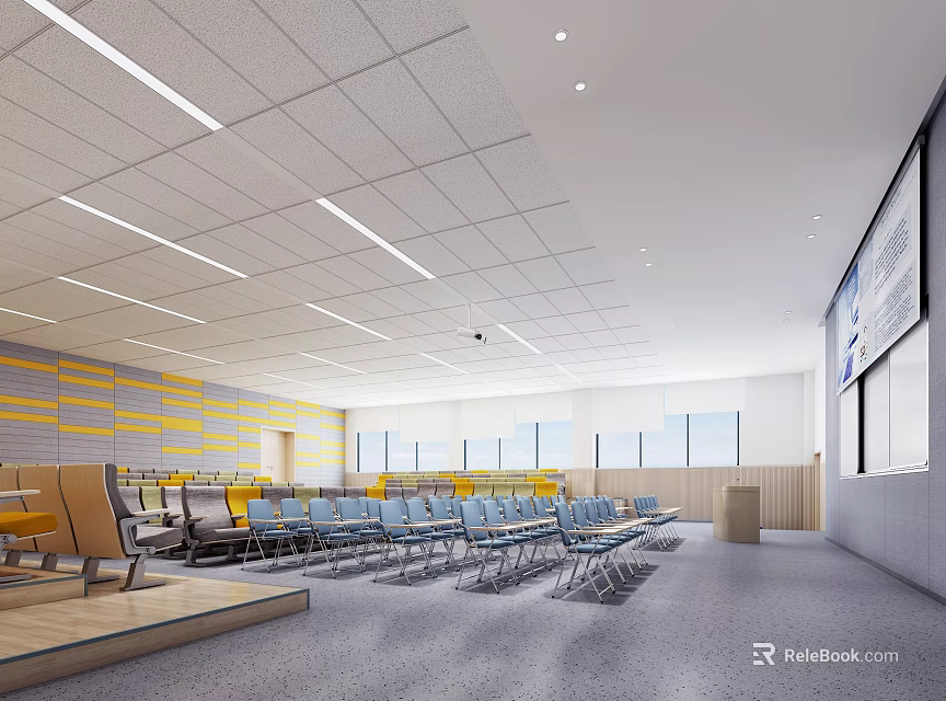 Spacious School Classroom With Blue Chairs Whiteboard And Bright Lighting 3d model