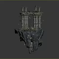 Detailed Ancient Architectural Sculpture on Floating Rock with Columns and Broken Ruins