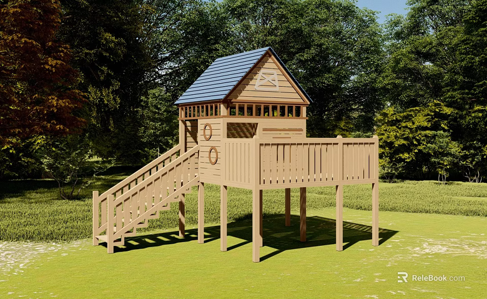 Wooden Cabin with Blue Roof Staircase Platform Railing Windows in Green Grass and Trees 3d model 