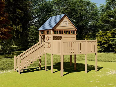 Wooden Cabin with Blue Roof Staircase Platform Railing Windows in Green Grass and Trees 3d model